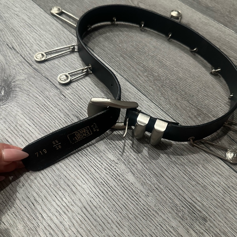 Versace Black Leather Belt with Silver-Tone Clips
